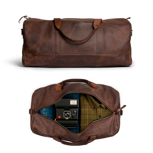 Hide & Drink, Luggage Duffle Bag with Shoulder Strap, Travel Overnight Bag, Handmade from Full Grain Leather - Bourbon Brown2