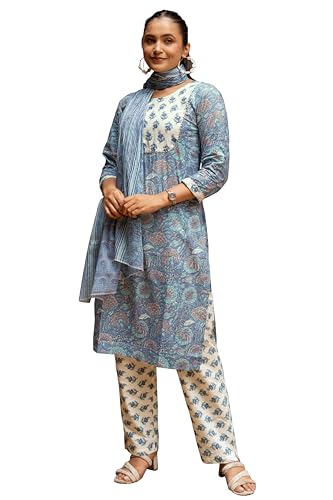 Image of MIRCHI FASHION Women's Straight Fit Pure Cotton Embellished Floral Printed Kurta Set with Dupatta and Trouser