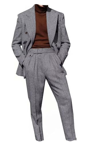 2 Piece Mens Tweed Suits Double Breasted Retro Herringbone Jackets Formal Blazer Pant Set Casual Business Coat