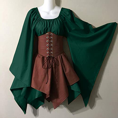 Robe médiévale avec manches trompette et corset ajustable marron