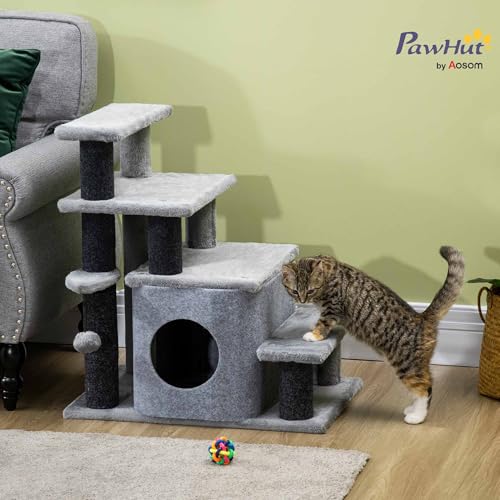 PawHut Hundetreppe 3/4 Stufen 66 cm Hoch Haustiertreppe mit Schlafhöhle, Rampe, Sipielball, Katzentreppe für mittelgroße Katze Hunderampe Einstiegshilfe für Bett, Sofa, Couch, Grau