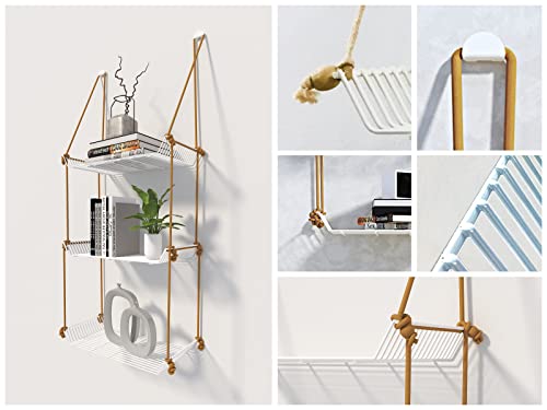 Image of Meshable Weebill 3-Tier Wall Hanging Metal Wall Shelf with Jute Rope, Home Decor Wall Shelves and Storage Racks with Elegant Design Ideal for for Balcony and Terrace, Standard Size - White