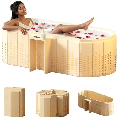 Image of Portable Ice Bath Tub for Adults Foldable Bathtub Spa, Thick Insulated Soaking BathTub with Drain, Home Bathroom Large Ice Bath Tub & Hot Spa Bath Relaxation (Beige with Soap Stand)