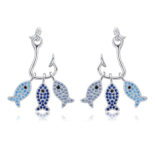 Fish Earrings Sterling Silver Stud Dangle Earrings with Fish Hook Ocean Animal Jewelry for Women Mom