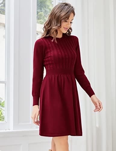 KOJOOIN Women Long Sleeve Knitted Crewneck High Waist A-Line Cute Mini Sweater Dress4