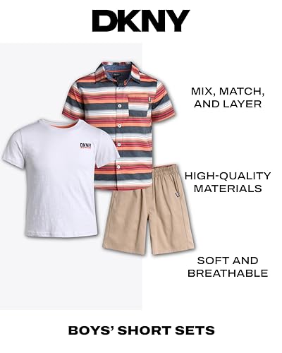 Image of DKNY Boys 3 Piece Button Down Shirt Crewneck Tee and Twill Shorts Set | Woven Button Down, Soft Tee and Matching Shorts, Breezy Lightweight Comfort for Everyday Summer Wear and Play