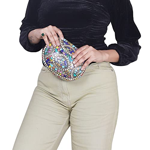 Image of Shakuntala Vintage Clutch - Metal Mosaic Stone & Shell Design Purse - Handmade Women's Handbag
