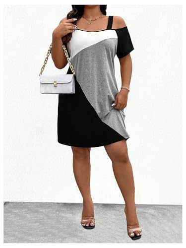 Image of SOLY HUX Women's Plus Size Dress Cold Shoulder Color Block Short Sleeve T Shirt Dress Casual Summer Dresses