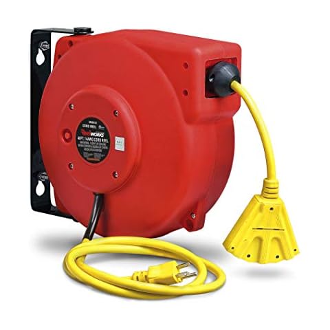 ReelWorks Extension Cord Reel Retractable, 14AWG x 40' Ft 3C SJT, Wall Mount Kit, 3 Outlet/Triple Tap Connector Cover