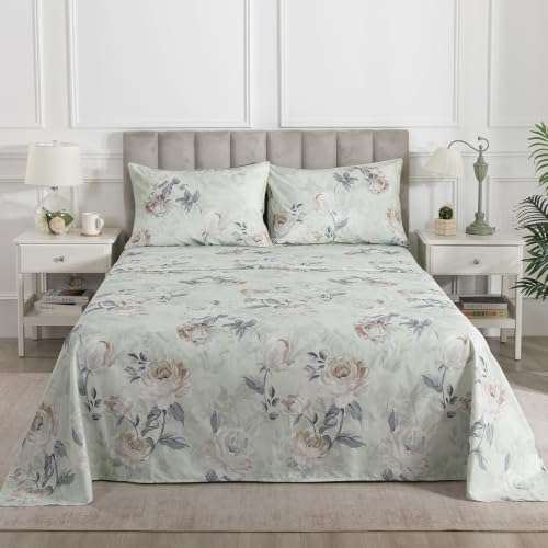 Image of Sage Green Floral Percale Sheets California King Deep Pocket, 4Pcs | 100% Cotton Neutral Printed Sheet Set, Flower Leaf Farmhouse Bed Sheets, Vintage Designer Bedding, Shabby Chic, Aesthetic