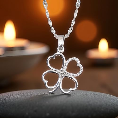 925 Sterling Silver Four Leaf Clover Necklace - Rhodium Plated Shamrock Pendant with 20" Inch Chain White CZ - Good Luck Charm - Irish Jewelry Gift for Women - Handmade3