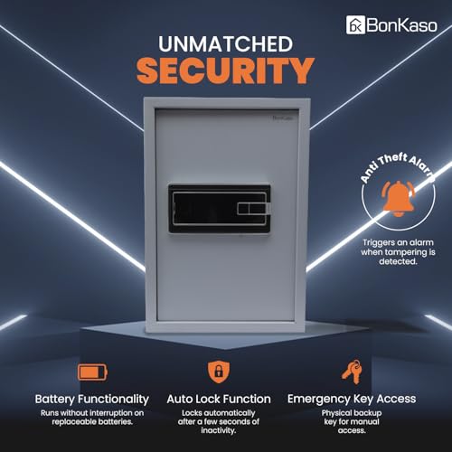 Image of BonKaso Safe Locker For Home, 51 Litres Locker Box For Money, Jewellery, Digital Electronic Safe Locker for Home & Office With Auto lock Function, Anti Theft Alarm And LED Display, (Grey)