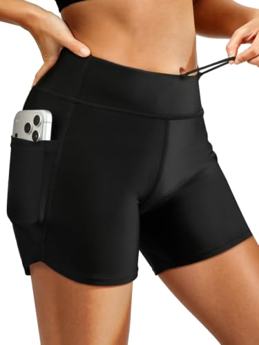 Badeshorts Damen mit Drawstring 2-in-1 Badehose Damen mit eingebautem Briefliner Hoch Taillierte Schwimmhose Schnell Trocknende Schwimmshorts Bauchkontrolle Boardshorts mit 2 Taschen Schwarz XS