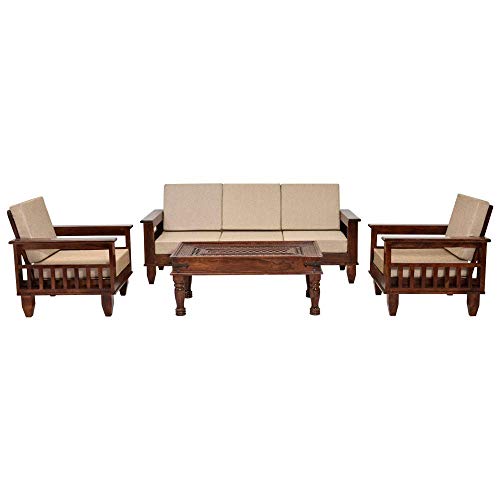 Image of Solid Sheesham Wood 5 Seater Sofa Set for Living Room Without Centre Table | Wooden 3+1+1 Five Seater Sofa Set with Cushions | Modern Sofa Set Furniture for Home, Office & Lounge | Brown Finish