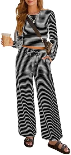 Lazysmile Lounge Sets For Women Casual Striped 2 Piece Outfits Long Sleeve Tops and Wide Leg Pants Loungewear