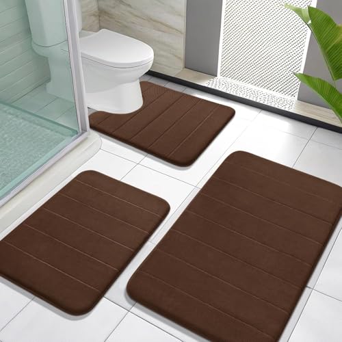 Image of Yimobra Memory Foam Bath Mat Set 3 Pieces- Super Soft Absorbent Quick Dry Bathroom Rug Sets, Machine Washable Non Slip Floor Carpet for Tub Shower, Vanity & Toilet Base, Brown