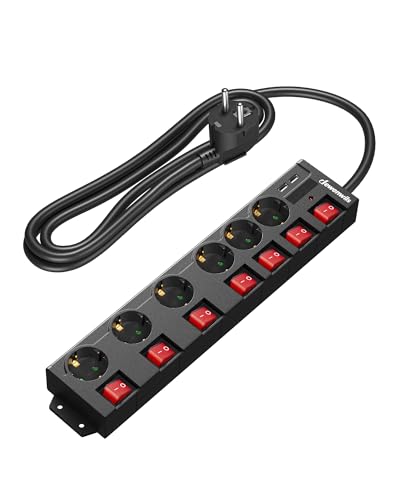 DEWENWILS Steckdosenleiste Einzeln Schaltbar 6-Fach Mehrfachsteckdosen mit 2 USB Wandmontage Steckdose 3680W/16A Überspannungsschutz Kindersicherung 90-Anordnung 2m Kabel Schwarz