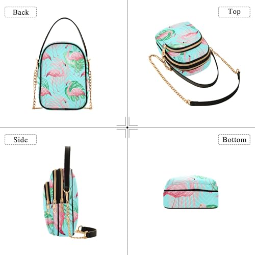 Women Shoulder Purses Prints Cell Phone Wallet Chain Purse Quilted Zipper Satchel Crossbody Tote Pink Flamingos Green Leaves Blue4