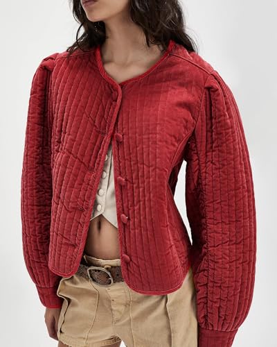 Locachy Women's Vintage Crew Neck Quilted Puffer Jacket Button Down Padded Cropped Fall Winter Outerwear Coat3