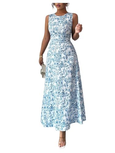 Floerns Women's Floral Sleeveless Tank Dress Crew Neck Vacation A Line Long Dresses