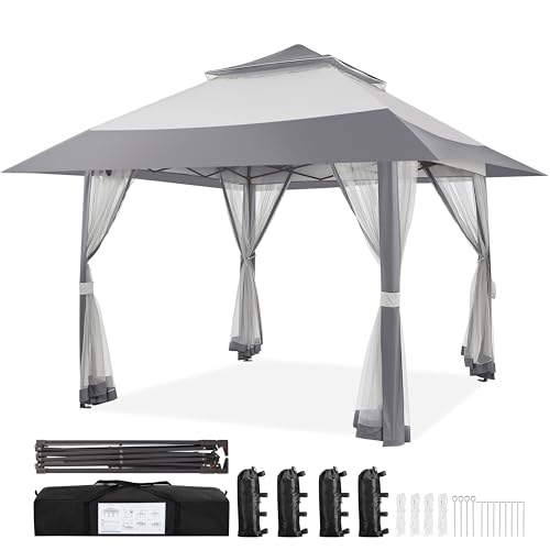 Yaheetech Pop Up Gazebo w/Sides 4x4m Outdoor Instant Patio Canopy Shelter w/Mesh Netting Waterproof Garden Gazebo w/Sandbags for Patio Backyard Wedding Party Double Top Light Grey & Dark Grey