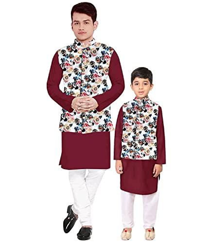 Image of Os Men's & boy kurta pyjama set with nerhu jackets (Multi printed) in cotton (baap beta|father son|)