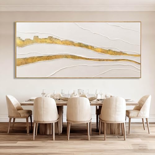Image of VAYIMDH White and Gold Oil Painting Wall Art Abstract Wall Decor Line Hanging Art 32 inchx70 inch Large Artwork for Living Room Decorative Pictures for Office