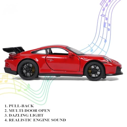 Image of 1:32 Porsche 911 GT3 Sport Car Model - Diecast Alloy Toy Vehicle with Pull Back Action, Sound, Light & Openable Doors, Hood & Trunk for Kids and Collectors (RED)