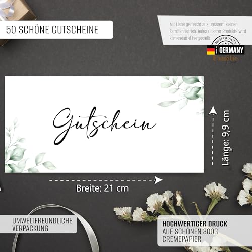 50 Blanko Gutscheine zum selbst Ausfüllen | Gedruckt auf Premium Papier | Gutscheinvorlage Gutscheinkarte Geschenkgutschein (Gutschein Eucalyptus)