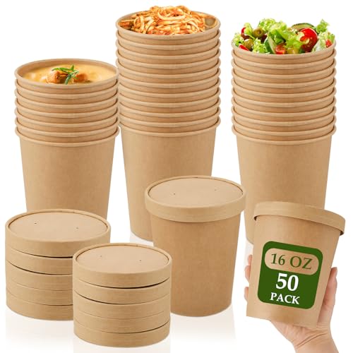 Sabary 50 Pack Paper Soup Containers with Lids Disposable, 16 oz, Brown