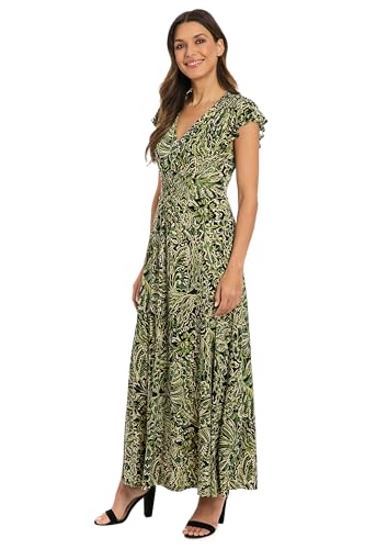London Times Women's Flutter Sleeve V-Neck Empire Waist Maxi Dress-Full Length A-line Silhouette with Smocked Bodice Detail2