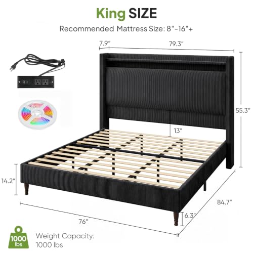 Image of King Size Bed Frame with 55.3 inch Tall Headboard, Corduroy Upholstered, Black