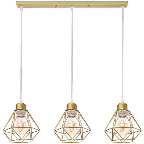 TOKIUS E27 Plafonnier Industriel Suspension Luminaire Vintage Design Lustre Métal Rétro forme Cage Ø160mm éclairage plafond 40W, Doré (3 lampes-barre)