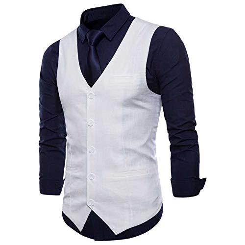 Gilet sans manches en coton et lin pour homme Coupe ajustée Tissu fin Couleur bonbon - Blanc - XXXXL Cover