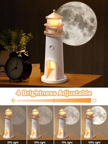 Image of Desidiya Lighthouse Lamp Galaxy Moon Projector Lamp Night Light LED Light with Remote, 4 Brightness Levels, Timer, USB Rechargeable Tabletop Light for Kids Bedroom & Aesthetic Room Decor