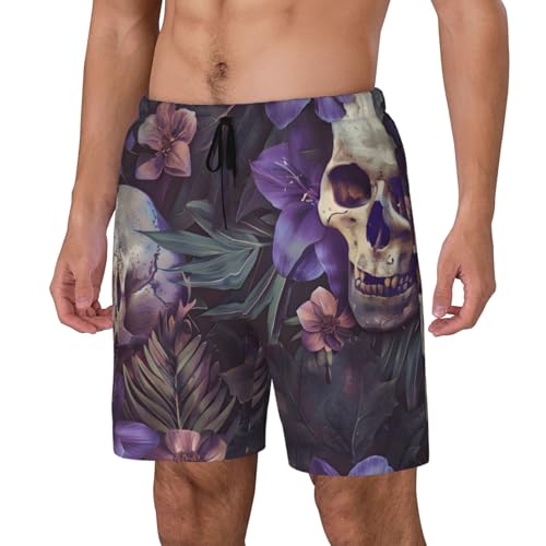 Mens Swim Trunks Palm Leaves Skull Swim Shorts Quick Dry Beach Shorts with Compression Liner and Pocket 2-in-1 Swim Trunks Stretch Summer Shorts,Black,3X-Large,A882