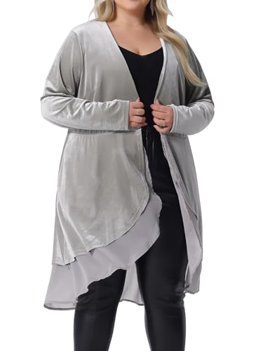 Image of Agnes Orinda Women Plus Size Ruffled Asymmetric Long Velvet Cardigan Jacket | Chiffon Ruffle Splicing Open Front Long Sleeve Irregular Hem Casual Jackets