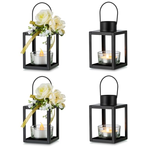 Mini Lantern Decorative Tealight Candle Holder – Romadedi Set of 4 Vintage Black Small Hanging Lanterns for Tea Light Candles Wedding Centerpieces Outdoor Christmas Halloween Decor