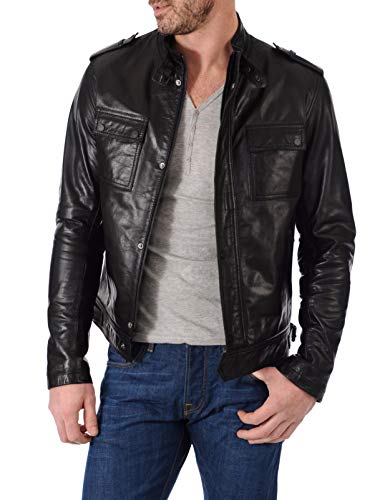 Image of 100% Leather Jacket for Men - Round Collar Slim Fit - Moto, Bomber, Biker Winter Casual Wear