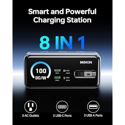 MOKiN 8-in-1 Charging Station, 3 USB-C,2 USB-A,3 AC, GaN Desktop Charger Station with Retractable Cable, 1500J Surge Protector Power Strip for iPhone 17/16,MacBook Pro, Laptop,Gaming Desk Accessories
