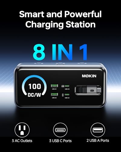 Image of MOKiN 8-in-1 Charging Station, 3 USB-C,2 USB-A,3 AC, GaN Desktop Charger Station with Retractable Cable, 1500J Surge Protector Power Strip for iPhone 17 /16,MacBook Pro, Laptop,Gaming Desk Accessories