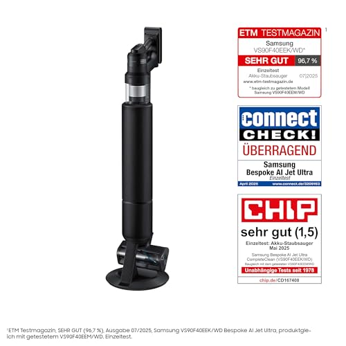 Samsung VS90F40EEK/WD Bespoke AI Jet Ultra Battery + CompleteClean, Cordless Handheld Vacuum Cleaner with Accessories, 400 W, 2 Batteries, All-In-One Station, Active Dual & Slim LED+ Brush, Pet Tool+, Satin Black