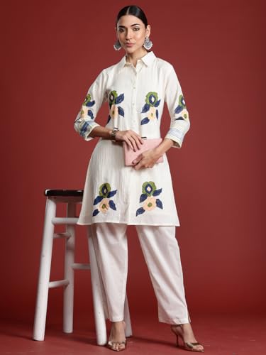 Image of INDO ERA Women's Pure Cotton Embroidered Straight Kurta & Palazzo Set | cotton kurta sets for women