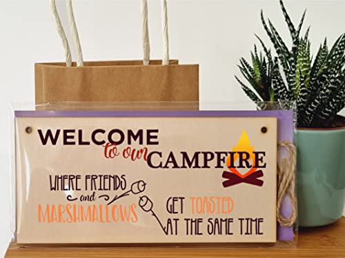 The Plum Penguin Handmade Wooden Hanging Wall Plaque Welcome to our Campfire Friends Roasted Funny Camping Tent Adventure Sign - Image 3