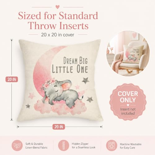 Image of Dream Big Little One Baby Elephant Throw Pillow Cover 20x20 Inch | Watercolor Pink Moon Stars Nursery Decor, Cotton Linen Cushion Case for Baby Girl Room Bedroom Sofa Rocking Chair