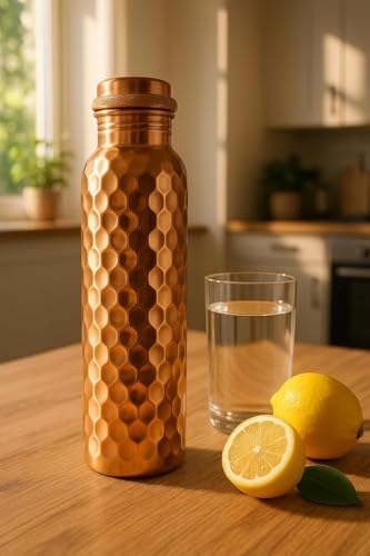 Image of Pure Copper Water Bottle - Golden Wave Design - 32 oz | Handmade Ayurvedic Copper Vessel for Health & Wellness | Leak-Proof, BPA-Free, Eco-Friendly Gift Bottle