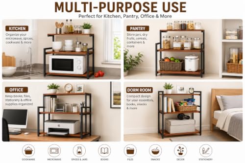 Image of REMANENCE D Series 3-Layer Microwave Stand, OTG Stand, Oven Kitchen Storage Shelf, Counter Top Spice Rack, Multipurpose Rack, Toaster Grill Organizer Stand for Microwave (Walnut Brown, Black Frame)