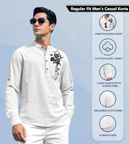 Image of Zombom Men's Cotton Polyester Blend Mandarin Collar Self One Design Printed Full Sleeve Casual Short Kurta Shirt