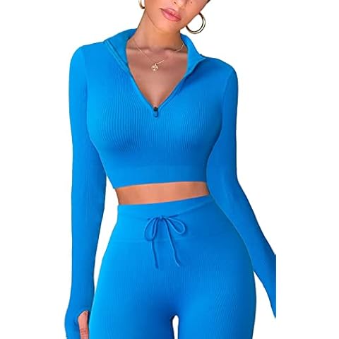 Mayround Workout Sets for Women 2 Piece Seamless Long Sleeve Crop Tops Ribbed High Waist Leggings Zipper Sets High Waist Leggings Sets Yoga Outfits Cover