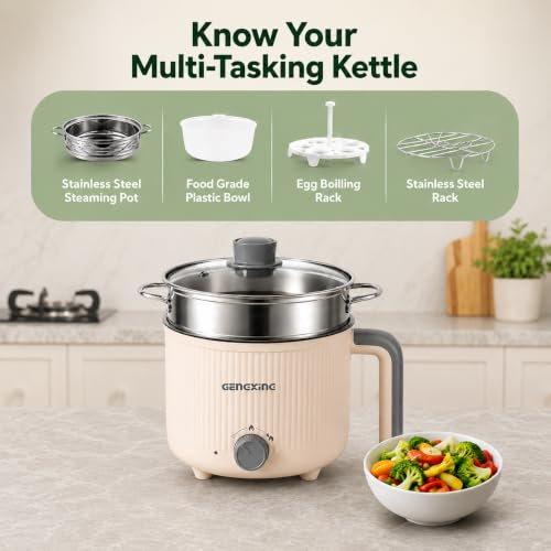 Image of Multipurpose Electric Kettle with Steamer 1.2L | Egg Boiler, Tea & Coffee Maker, Vegetable Steamer | Variable Temperature Control | Double Layer Insulated Body | Wide Mouth | 600W Fast Heating